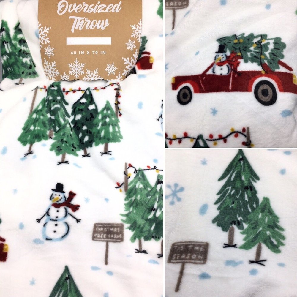 Envogue Christmas Tree Farm Throw Blanket Microfleece Red Truck Snowman Holiday